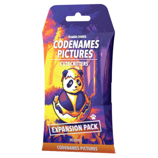 Codenames: Cute Critters Expansion Pack with animal-themed image cards; box shows a cartoon panda.