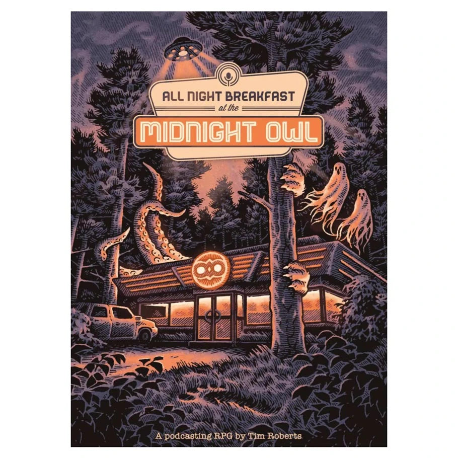 All Night Breakfast at the Midnight Owl: late-night diner in the woods with ghosts, for a supernatural podcast.