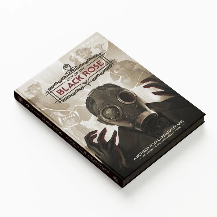 City of the Black Rose 1930s-inspired Daggerheart TTRPG with masked figure and eerie hands on cover.
