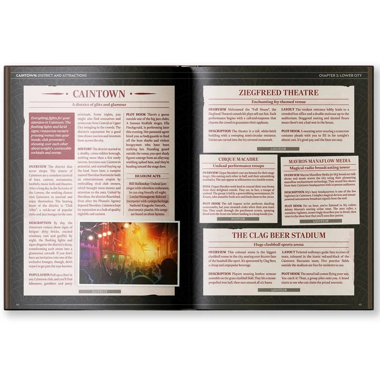 Open book displaying City of the Black Rose TTRPG with 1930s city, theater venues, and concert scenes.