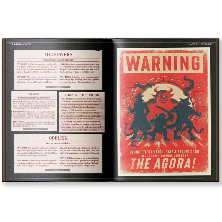 City of the Black Rose book open to 1930s sewers and red WARNING: THE AGORA poster, Daggerheart-ready.
