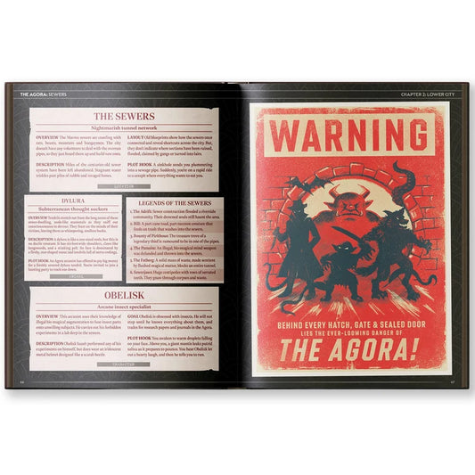 City of the Black Rose book open to 1930s sewers and red WARNING: THE AGORA poster, Daggerheart-ready.