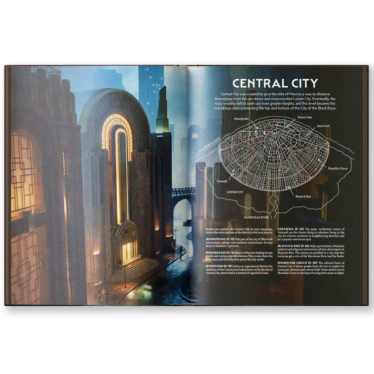 Open book showing “City of the Black Rose” 1930s TTRPG map and text; art deco cityscape on left page.
