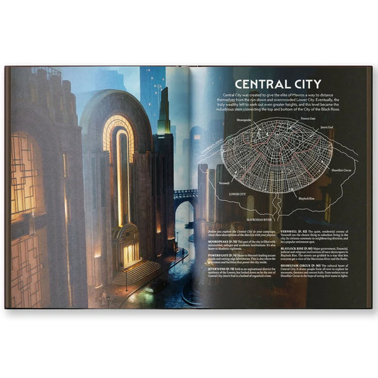Open book showing “City of the Black Rose” 1930s TTRPG map and text; art deco cityscape on left page.