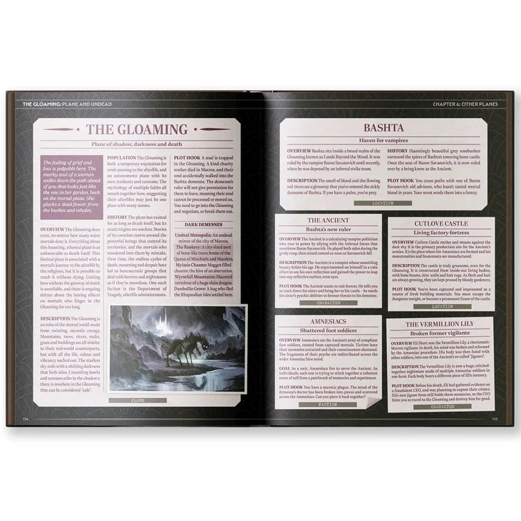 Open City of the Black Rose book showing fantasy text, Daggerheart info boxes, and grayscale landscape illustration.