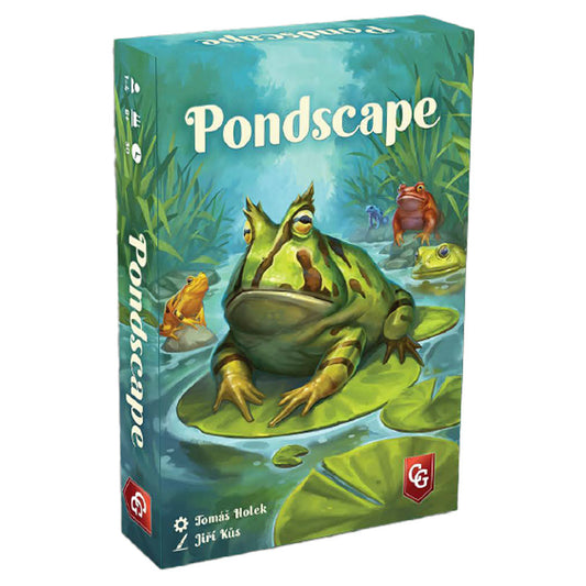 Pondscape card game box featuring a large frog on a lily pad with other frogs in an aquatic ecosystem.