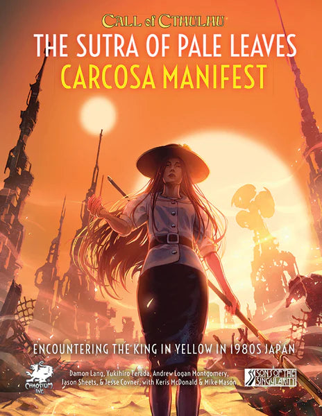 Call of Cthulhu: Carcosa Manifest cover featuring an anime-style woman with a sword among yellow leaves in Carcosa.