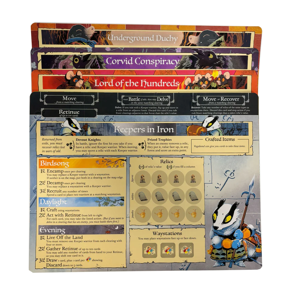 Root: Cardstock Faction Board Pack with four boards, each displaying faction details and animal character illustrations.
