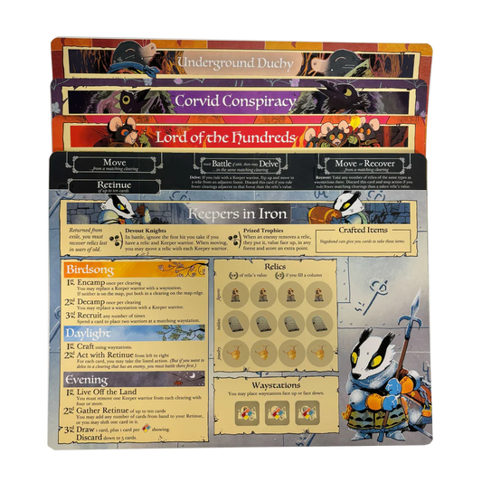Root: Cardstock Faction Board Pack with four boards, each displaying faction details and animal character illustrations.