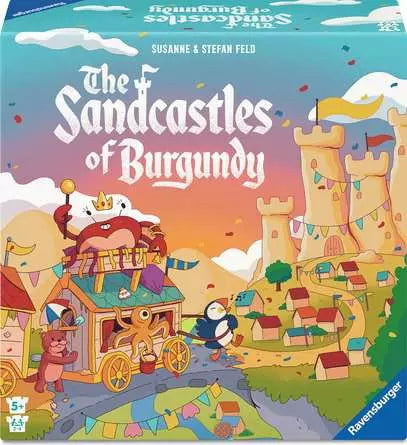 The Sandcastles of Burgundy game box displaying castles, animals, and beach scenery.