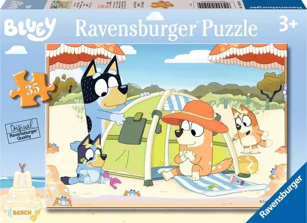 Bluey Beach Day 35-piece puzzle with cartoon dogs camping on a beach; suitable for ages 3 and up.
