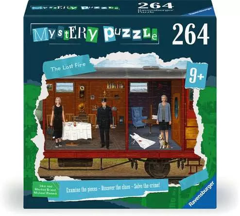 Ravensburger The Lost Fire 264-piece puzzle, crime theme, for ages 9+, depicts people in a train car.