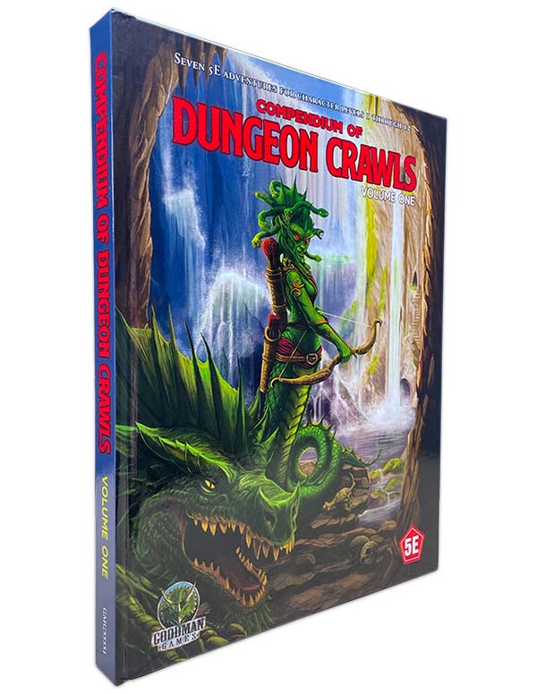 Compendium of Dungeon Crawls Volume 1, 5E fantasy book featuring adventures, dragon, and armored warrior on cover.