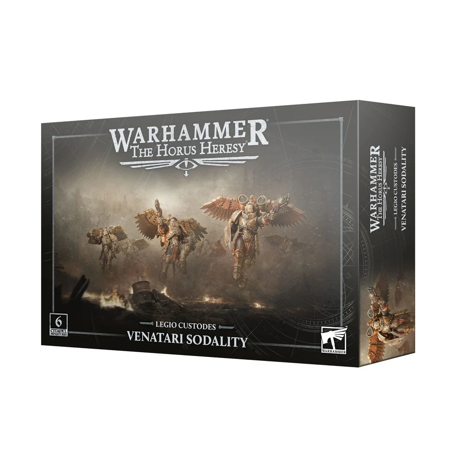 Box of Horus Heresy Legio Custodes: Venatari Sodality miniatures with winged armored warriors.