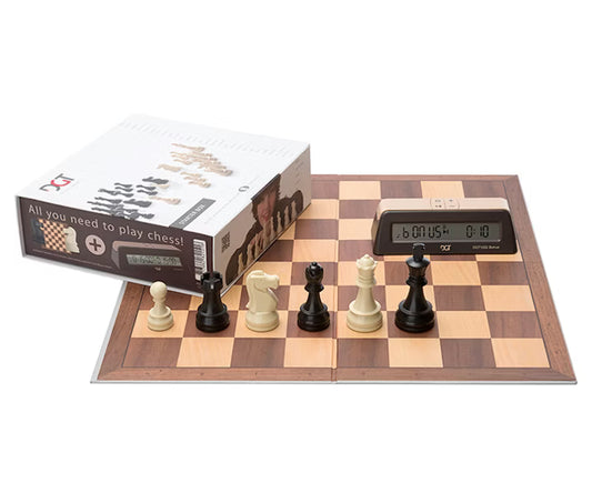 DGT Chess Starter Box Brown with chess set, digital clock, board, and pieces.