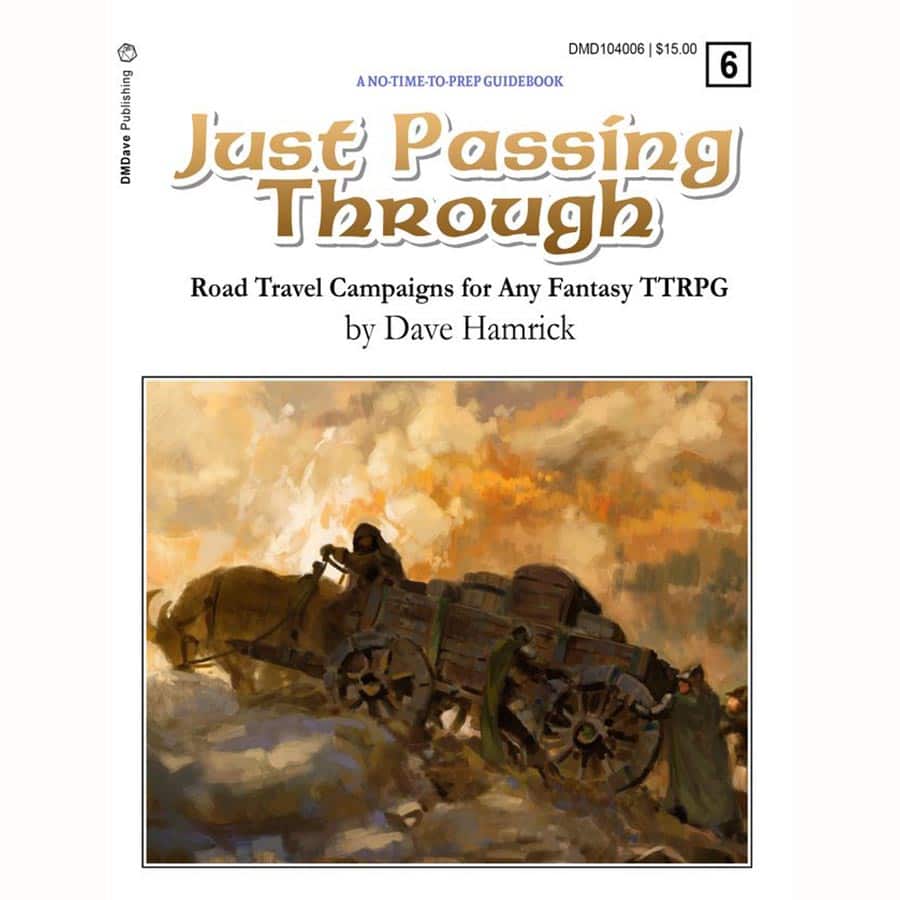 Just Passing Through: Road Travel Campaigns cover featuring a fantasy TTRPG wagon caravan on a rugged road.