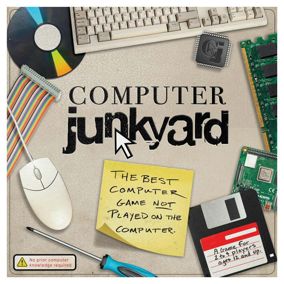 Computer Junkyard cover art featuring vintage computer parts and a handwritten note.
