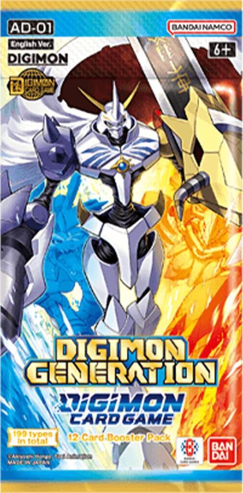 Advanced Booster Digimon Generation Booster Pack [AD-01] with foil cards, silver and gold Digimon on packaging.