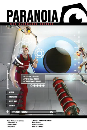 Paranoia Red Clearance Edition Box Set featuring a man in red, control room screens, and a blue eye.