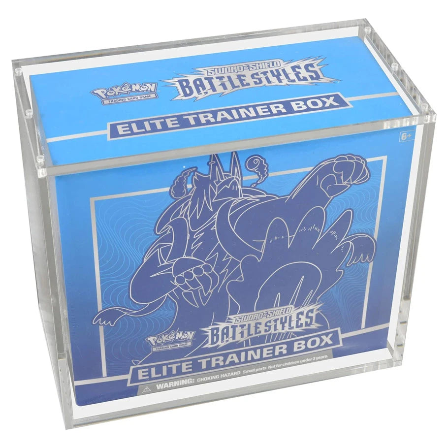 Acrylic magnetic display case for Pokemon ETB with UV protection and blue artwork.