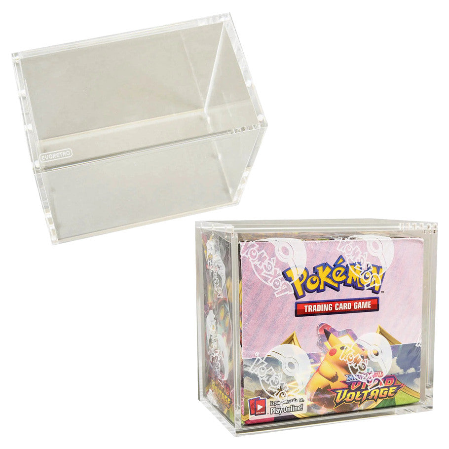 Acrylic display case, magnetic and UV-resistant, shown empty and with a Pokémon booster box inside.