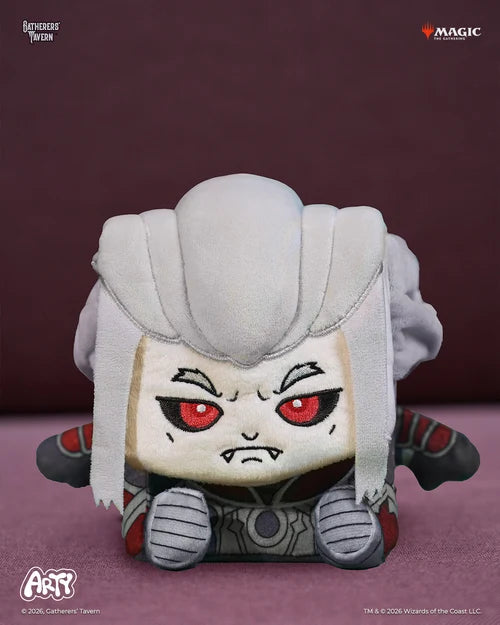 Plush toy with red eyes, gray hair, and armor lying on its belly, based on MTG Edgar Markov ARTY Deck Box.