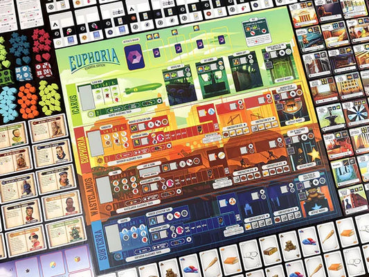 Euphoria Essential Edition board game with cards, tokens, dice, and game board setup.