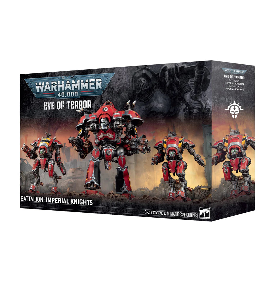 Warhammer 40,000 Imperial Knights: Eye of Terror Battalion with three red Knight Valiants on a smoky battlefield.