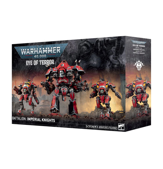 Warhammer 40,000 Imperial Knights: Eye of Terror Battalion with three red Knight Valiants on a smoky battlefield.