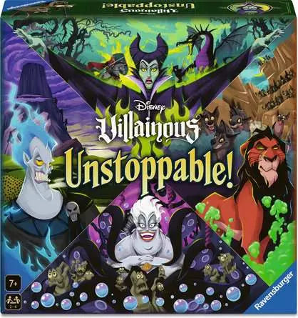 Disney Villainous Unstoppable box cover showing Maleficent, Ursula, and Scar.
