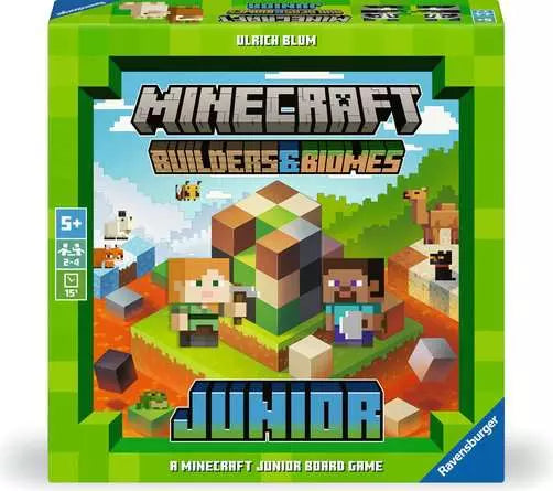 Minecraft Junior board game by Ravensburger for kids, featuring pixel art characters and a green-bordered box.