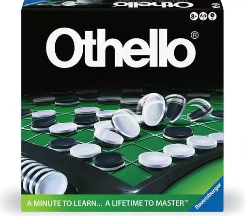 Othello board game box showing black and white discs on a green board, with the tagline displayed.