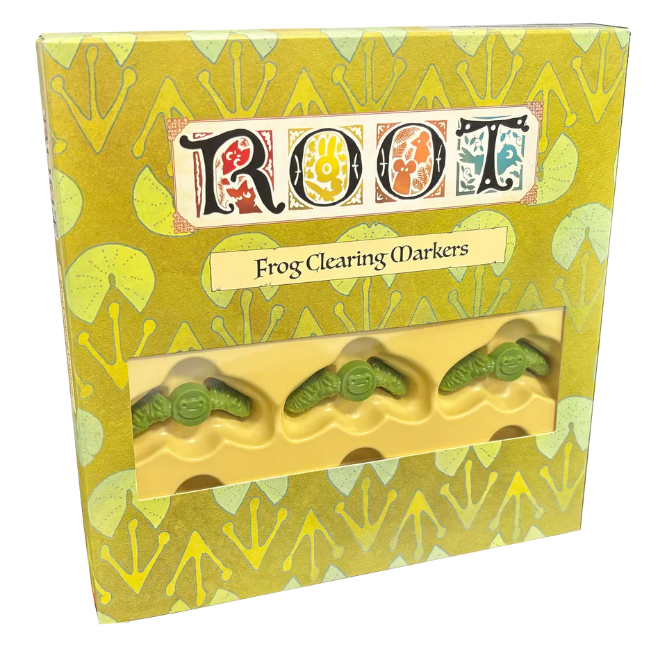 Root: Deluxe Frog Clearing Markers box and three green frog-shaped pieces for the Root board game.