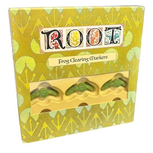 Root: Deluxe Frog Clearing Markers box and three green frog-shaped pieces for the Root board game.