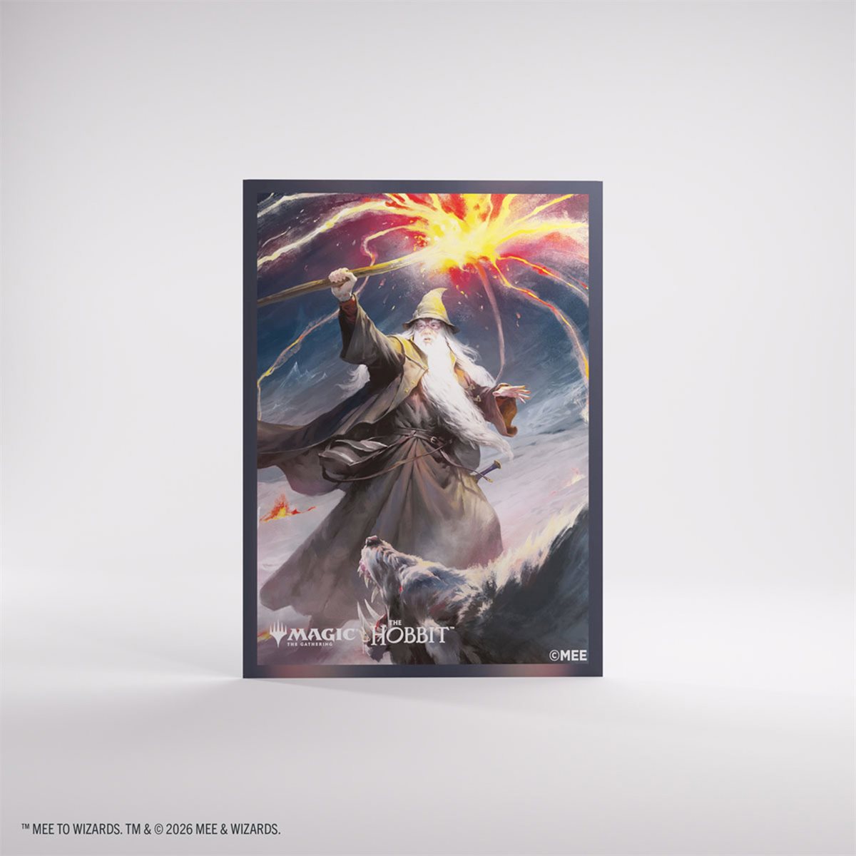 MTG | The Hobbit Premium Art Sleeves - Maia 1, featuring a mage with staff and wolf casting fire in snowy peaks.