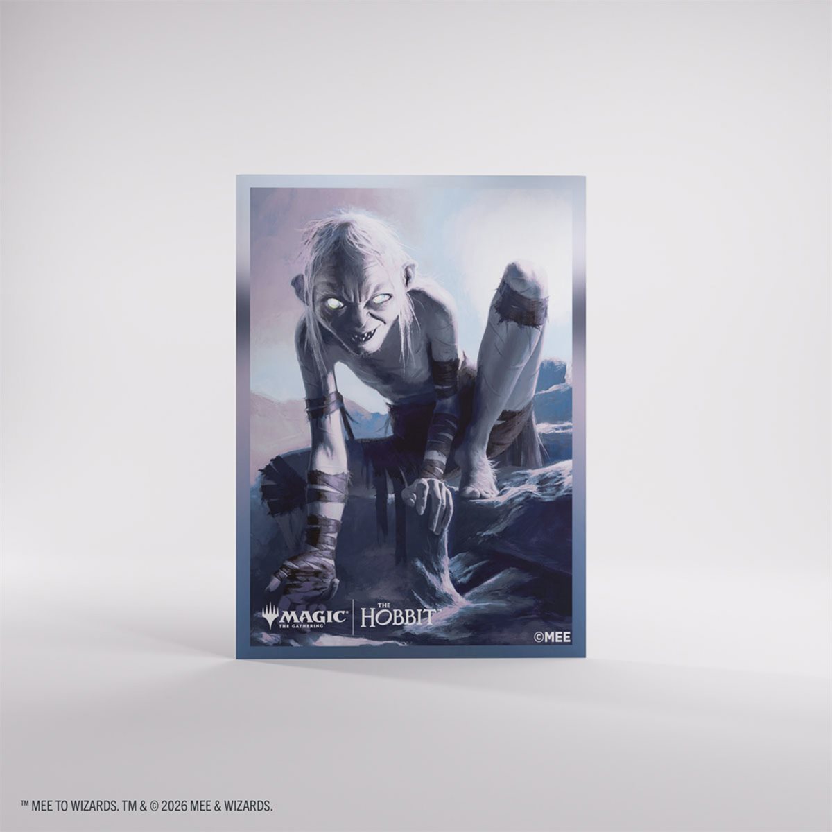 Magic: The Gathering The Hobbit Villain 2 art sleeves with logos, featuring a glowing-eyed creature crouching on rocks.