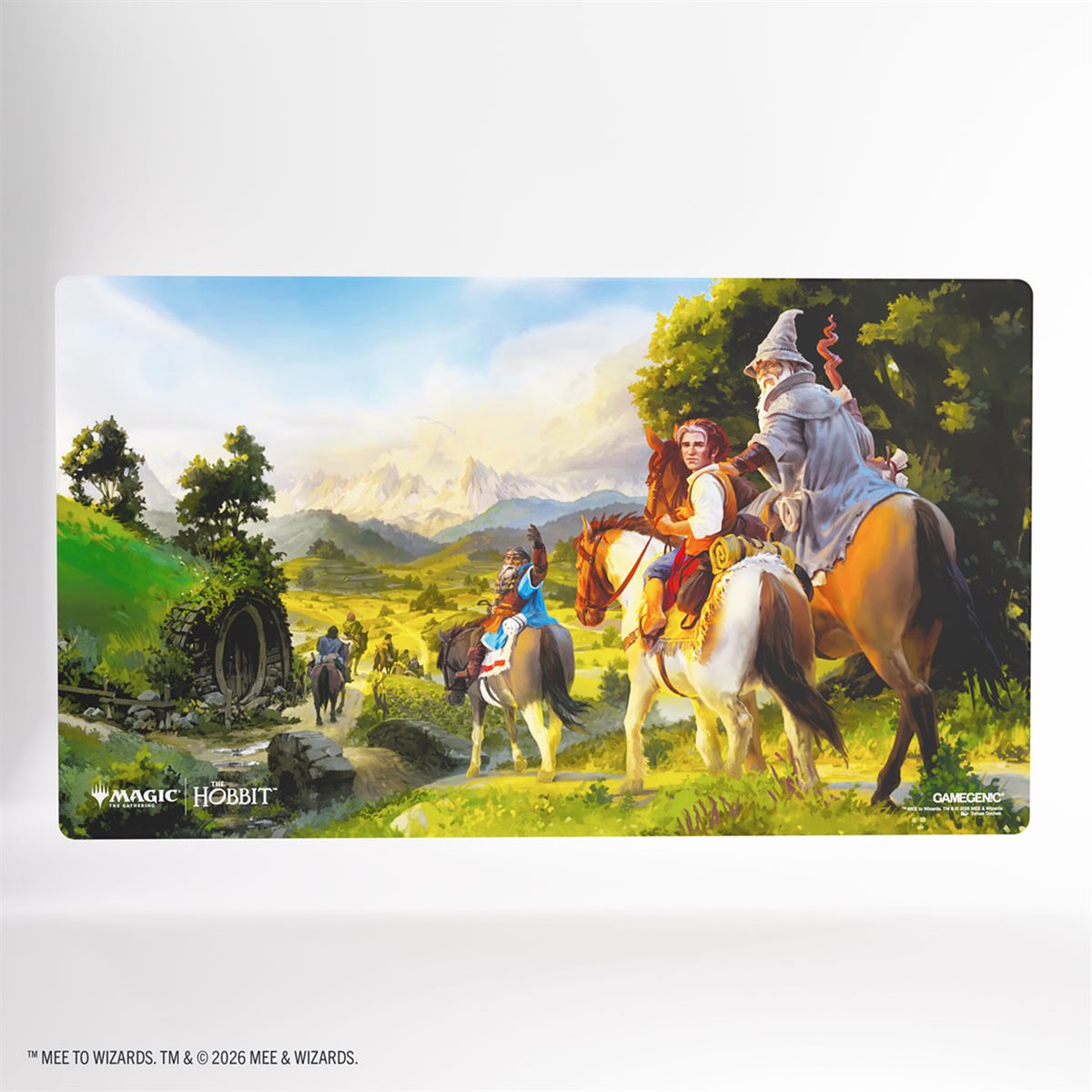 Magic: The Gathering | The Hobbit Prime Playmat - Landscape 1 featuring four riders by a round door on green hills.