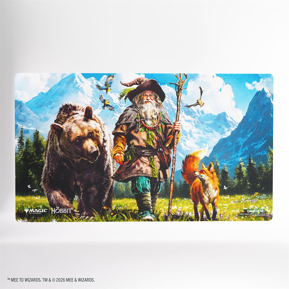 The Hobbit 6ft MTG Prime Table Playmat, Iconic Scene 2 with wizard, bear, and fox in a field.
