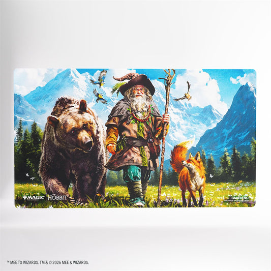 Magic: The Gathering Hobbit 6ft playmat featuring a wizard, bear, and fox walking in a meadow with mountains behind.