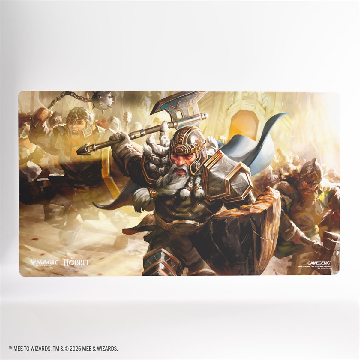 Magic: The Gathering | The Hobbit Prime Playmat – Fight scene 1 featuring an armored dwarf with an axe.