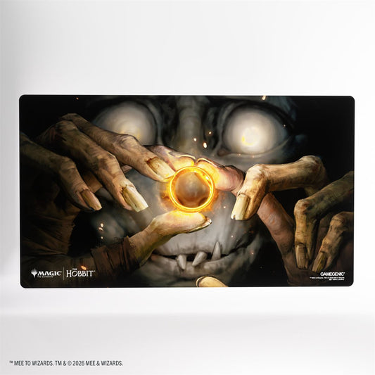 MTG The Hobbit Shiny Playmat - Villain’s Treasure 1 featuring a sharp-toothed creature holding a glowing ring.