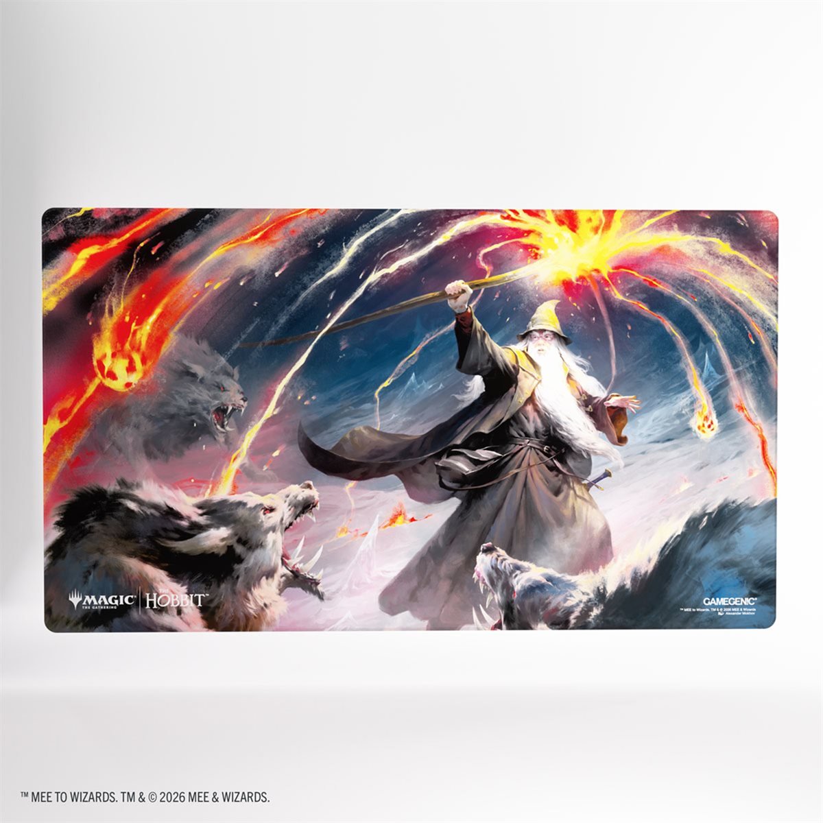 Magic: The Gathering | The Hobbit playmat featuring a wizard, Smaug the Golden, and wolves on a shiny surface.