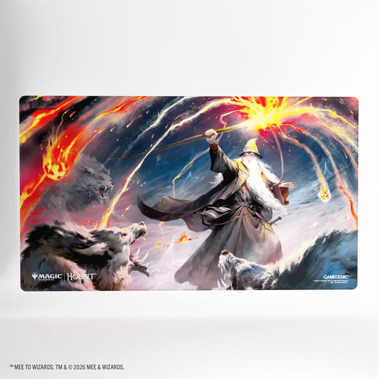 Magic: The Gathering | The Hobbit playmat featuring a wizard, Smaug the Golden, and wolves on a shiny surface.
