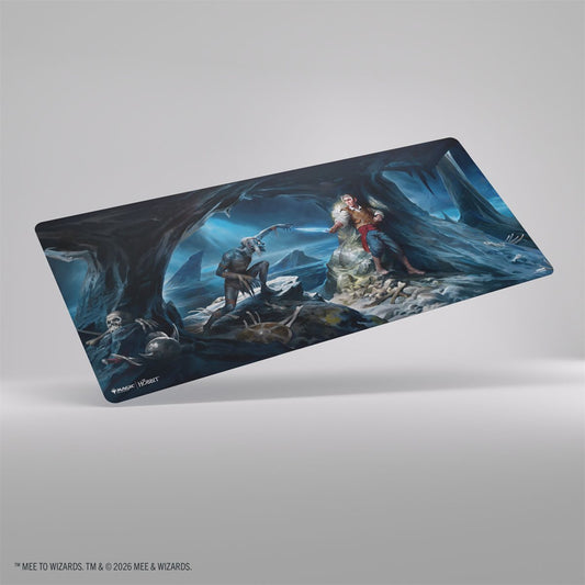Magic: The Gathering The Hobbit Prime 8ft Playmat—Riddles In The Dark, mage vs. skeletons in icy blue caverns.