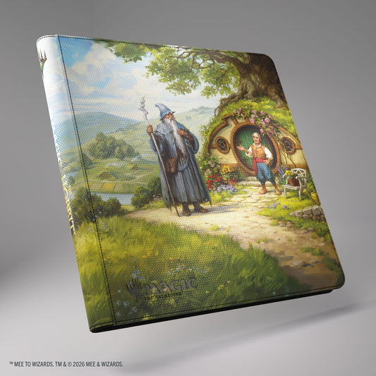 Magic: The Gathering The Hobbit 24-pocket album featuring wizard and hobbit art by a round-door house in green hills.
