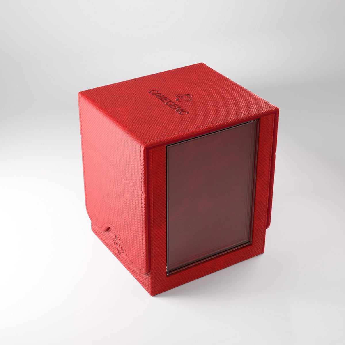 Red Squire Plus 100+ XL Convertible Deck Box with clear front panel on a white surface.