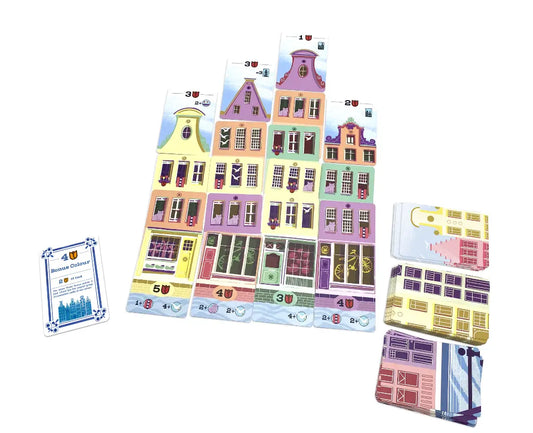 Canal Houses board game featuring buildings and cards for 2 to 4 players.
