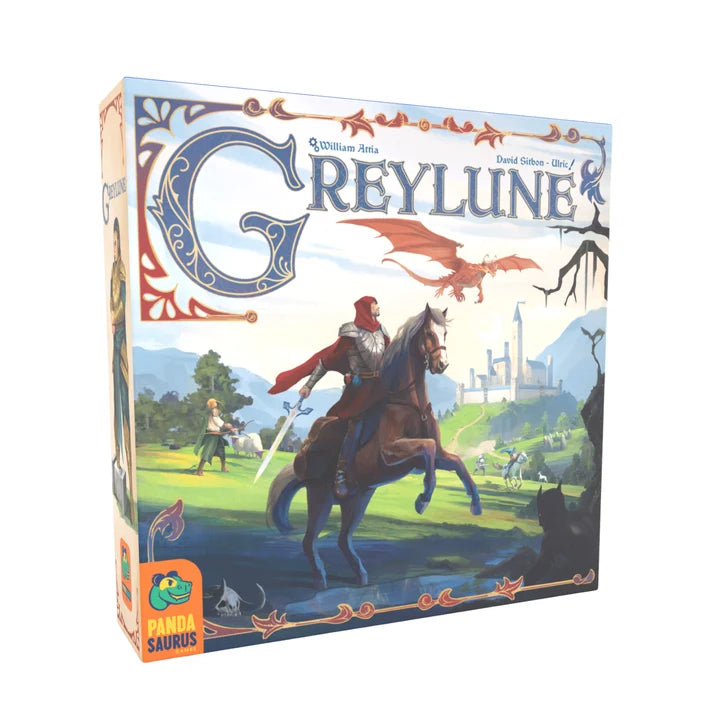Greylune adventure board game box featuring a knight on horseback, a castle, and a dragon.