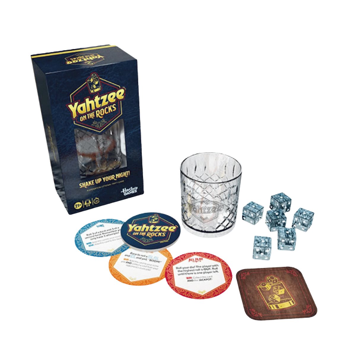YAHTZEE: ON THE ROCKS party game set with glass dice, coaster cards, and box.