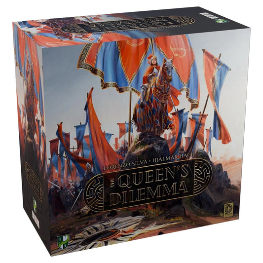 Box for The Queens Dilemma board game featuring a queen on horseback and strategic political elements.